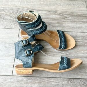 Latigo Rasta Blue Leather Embroidery Flat  Double Straps Sandals